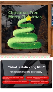 Macro view of green Christmas tree static window sticker showing the PVC material detail