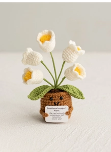 Close-up of handmade crochet Lily of the Valley plant with emotional support card