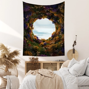 Detail of floral tapestry hanging on bedroom wall with minimalist interior decor