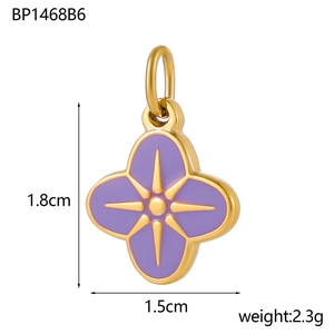 Detail showing a purple four-petal flower pendant with gold trim, 1.8cm size