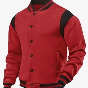 Classic red and black baseball jacket with ribbed collar and button closure