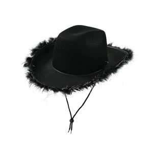 Detail of black western cowboy hat with fluffy feather brim and adjustable chin strap