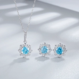 Elegant S925 silver jewelry set with blue sunflower pendant necklace and stud earrings