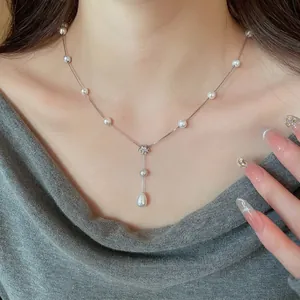 Elegant zircon pearl flower drop necklace with teardrop pendant for women's jewelry collection