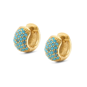 Golden huggie earrings with micro-pave turquoise zircon circular stones on white background