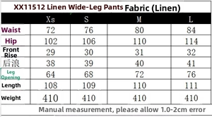 Detailed size chart for linen wide leg pants showing measurements in centimeters