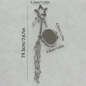Detail view of silver star hook keychain with dimensions 19.5cm length and metal tassels