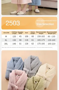 Size chart for winter coral fleece bathrobe showing measurements for M XL and 3XL sizes