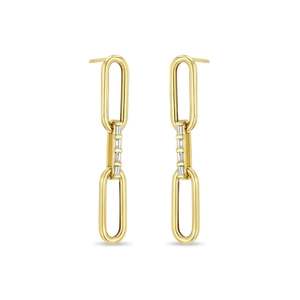 Macro shot of gold S925 sterling silver chain earrings with cubic zirconia stones