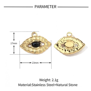 Polished gold stainless steel evil eye pendant with black stone measurement detail