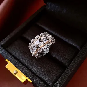 Hollow Lace Open Rings For Women Copper Adjustable Cubic Zirconia Vintage Baroque Light Luxury Index Finger Jewelry