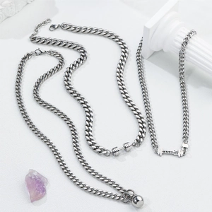 Silver stainless steel Cuban necklaces with dumbbell and KEEP barbell pendants