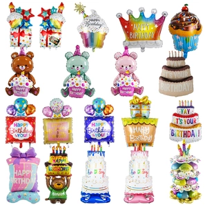 Detailed assortment of colorful happy birthday cake and gift box foil balloons