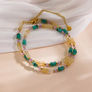 Handmade stainless steel necklace with multi-color beads, fresh pearls, and gold clasp