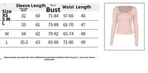 Size chart for square neck lace bow long sleeve top showing measurements in cm