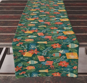 Detailed top view of Christmas table runner with festive poinsettia and gift patterns
