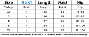 Detailed size guide table for backless bodycon evening dress showing XS to XL measurements
