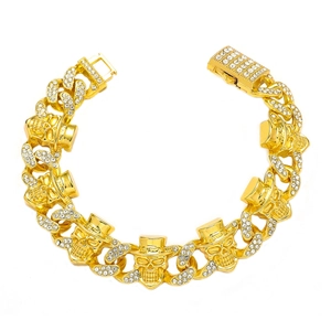Punk Skull Men's Hip Hop Bracelet Alloy Rhinestone Inlaid Cuban Link Chain Gold Silver Plated Jewelry Gift For Boys Unisex