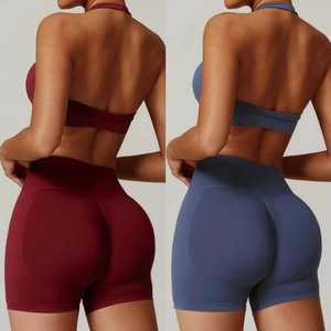 Halter yoga set with high waist compression shorts in burgundy and blue-grey