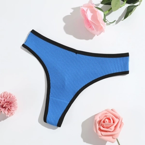 Detailed view of blue ribbed cotton thong with black trim and soft breathable fabric