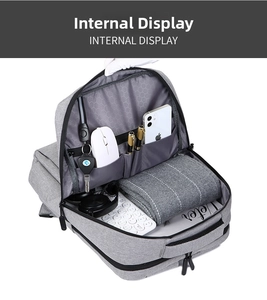 Detail showing the internal storage compartments of the gray business computer backpack