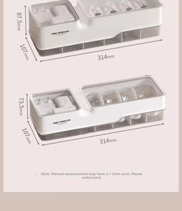 Detailed dimension guide for white cable storage box showing high and low size variants