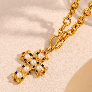 18K gold plated stainless steel cross necklace with colorful gems and pearls