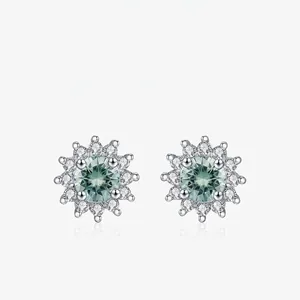 Sunflower Snowflake Stud Earrings 925 Sterling Silver Green Moissanite Zircon Elegant Luxury Jewelry For Women