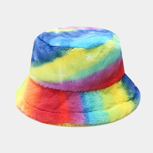 Macro view of the colorful faux fur texture on this winter tie-dye bucket hat