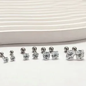 Square Zircon Stud Earrings Stainless Steel Four Prong Screw Back Ball End Piercing Jewelry For Women Men Unisex Minimalist