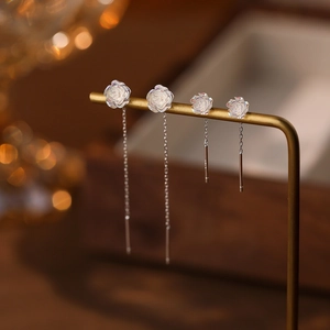 Elegant S925 Sterling Silver Colorful White Rose Ear Threader Earrings Sweet Tassel Flower Drop Earrings For Women Jewelry Gift