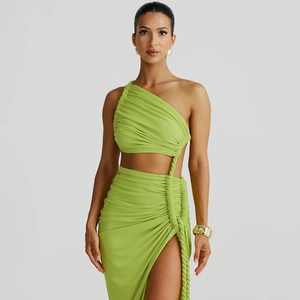 Fruit green two-piece set featuring a one-shoulder ruched top and high slit maxi skirt