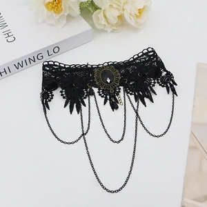 Gothic black lace choker necklace with a vintage black gemstone and chain pendants