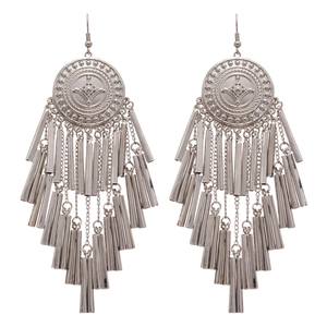Bohemian silver long fringe earrings with engraved round metal discs for women