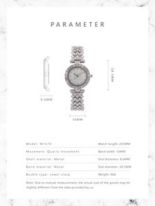 Detailed technical specification table for quartz rhinestone shell women watch M1070