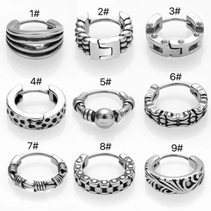 Nine styles of vintage stainless steel hoop earrings for men in antique silver finish