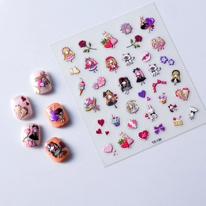 Stickers ongles 5D dessin animé avec filles et fleurs et démonstration sur faux ongles