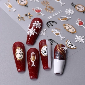 5D Christmas nail art stickers featuring winter snowflakes and New Year clock designs