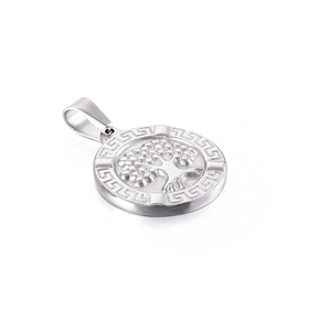 Tree Of Life Pendant Necklace Stainless Steel Greek Key Border Silver Round Oval Jewelry For Men Women