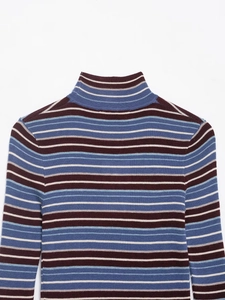 Detail of color-block striped knit sweater showing high neck and ribbed texture