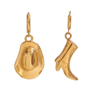 Asymmetric 18K gold plated stainless steel cowboy hat and boot earrings in polished gold