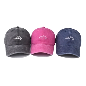 Three-pack washed vintage baseball caps with mommy mountain embroidery in grey, rose, and navy