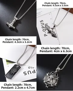 Detail of four vintage silver gothic skull pendants with 70cm long pearl chains