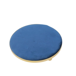 Detail of round jewelry display stand with blue velvet finish and gold metal trim