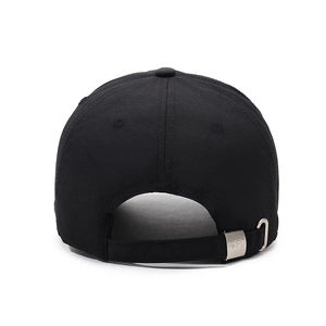 Adjustable back of a black summer baseball cap with silver metal buckle and FARD engraving