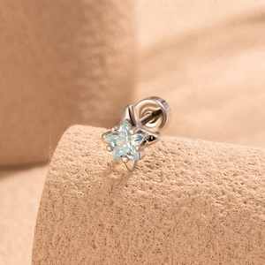 Star-shaped stainless steel stud earring with light blue gem on a beige display stand