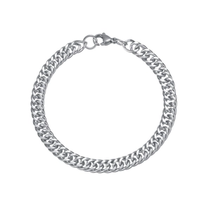 Close-up of a silver Cuban chain bracelet with a secure lobster clasp and polished finish