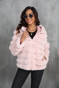 Close-up of pink faux fur hooded jacket featuring ribbed plush texture and zipper closure