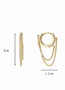 Macro view of gold tassel earrings with cubic zirconia inlay and 3cm length measurements