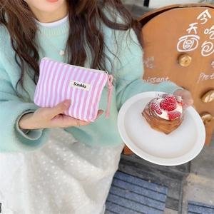Pink and white striped mini canvas cosmetic bag for lipstick and makeup storage
